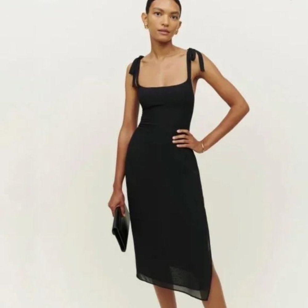 NWT Reformation Besse Dress in Black Midi Tie Straps